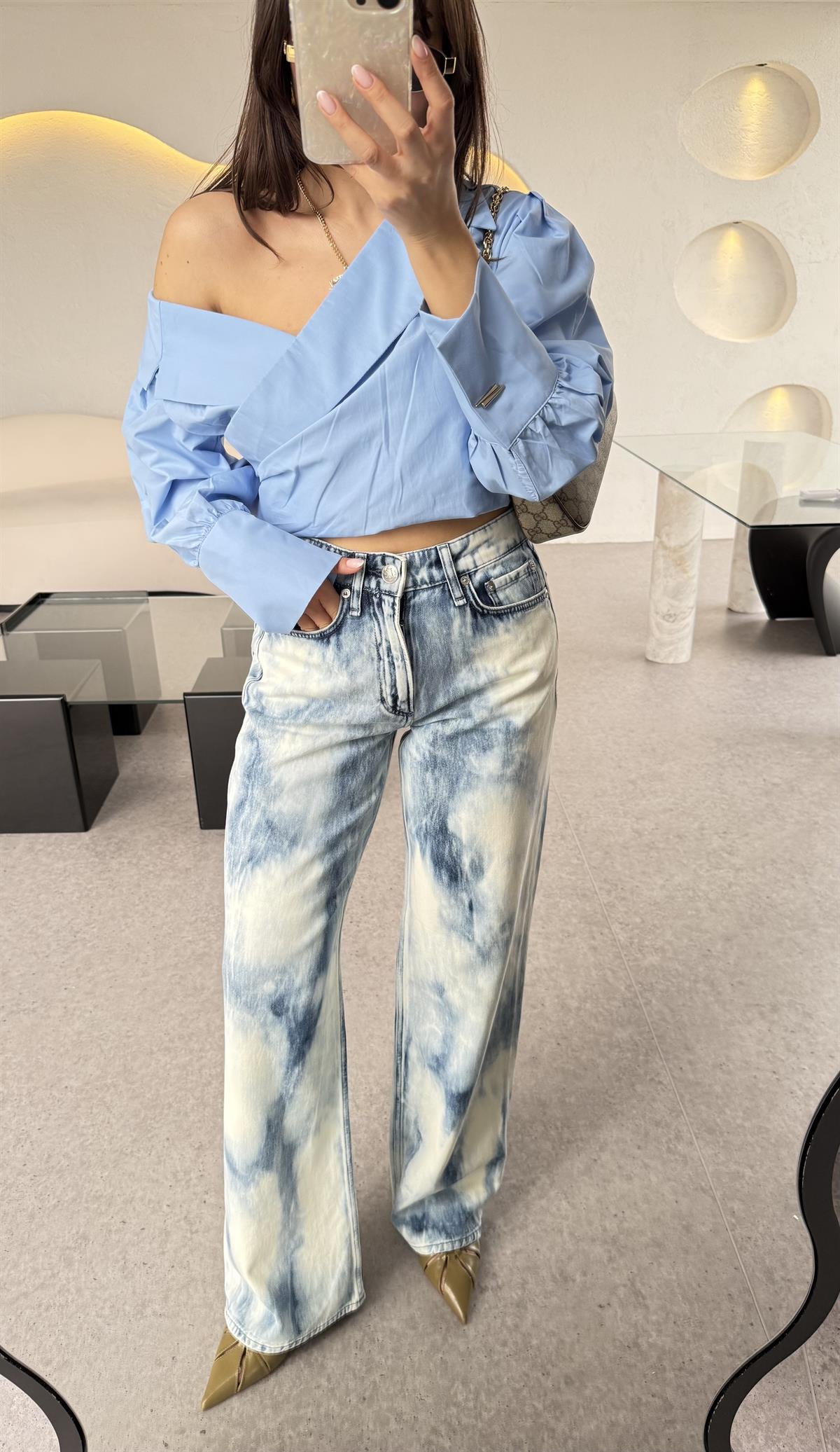 Brand Yıkama Mavi Wide Leg Jean
