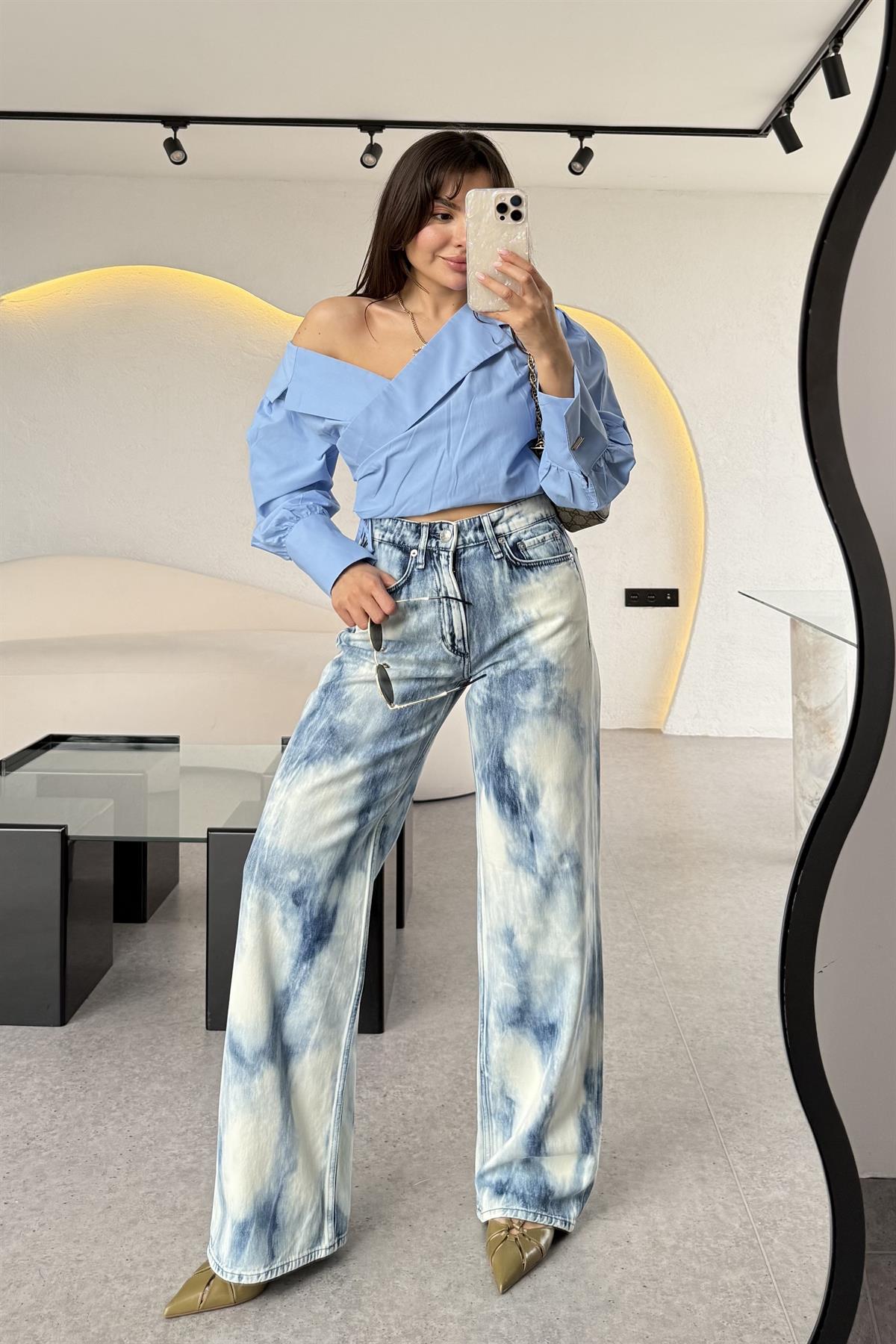 Brand Yıkama Mavi Wide Leg Jean