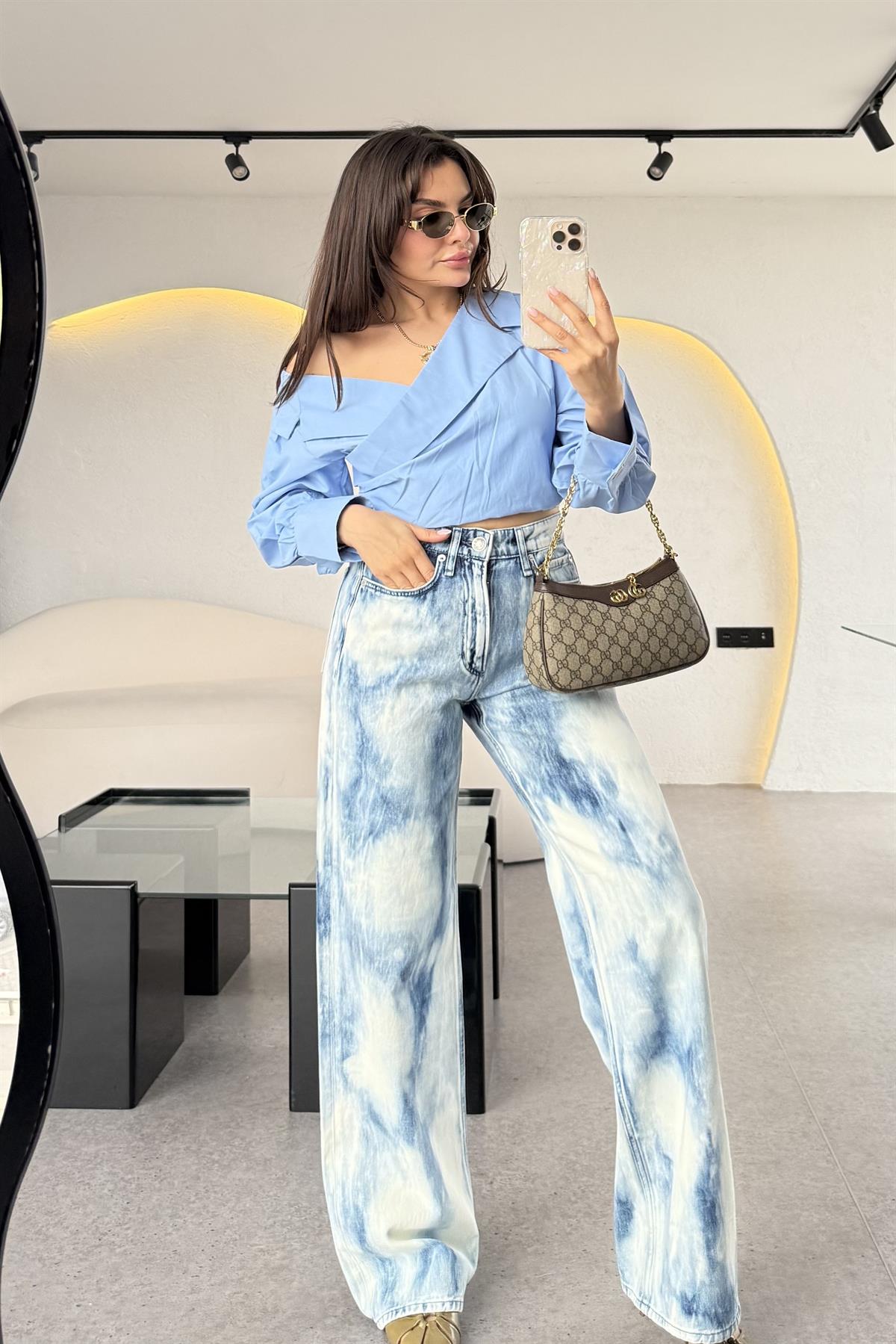 Brand Yıkama Mavi Wide Leg Jean