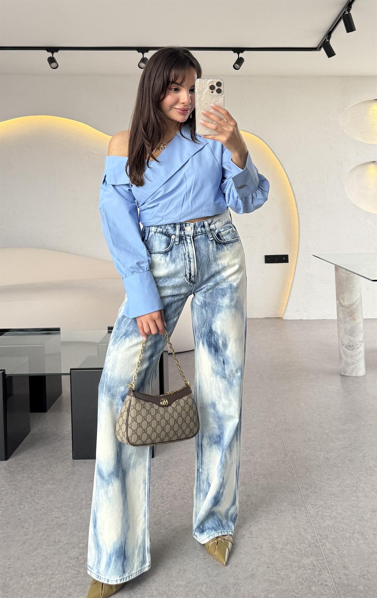 Brand Yıkama Mavi Wide Leg Jean