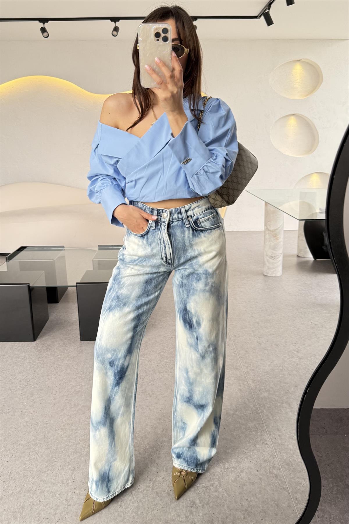 Brand Yıkama Mavi Wide Leg Jean