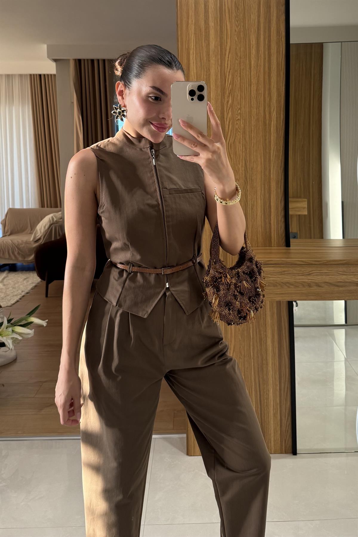 Bravelle Kahve Kemerli Yelek Pantolon Takım 