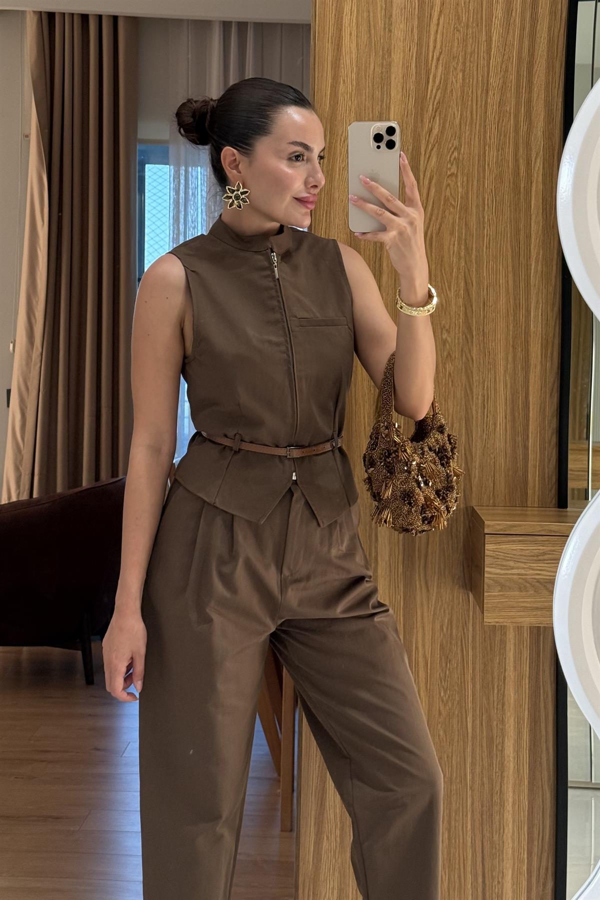 Bravelle Kahve Kemerli Yelek Pantolon Takım 
