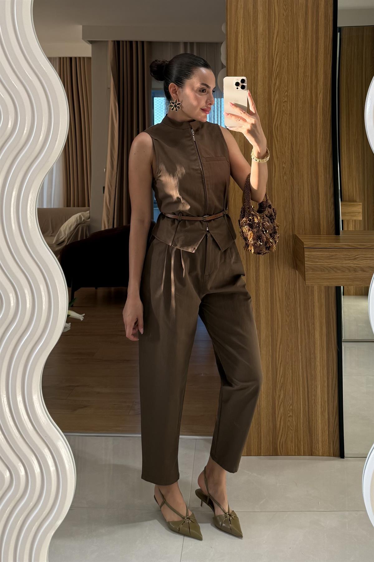 Bravelle Kahve Kemerli Yelek Pantolon Takım 