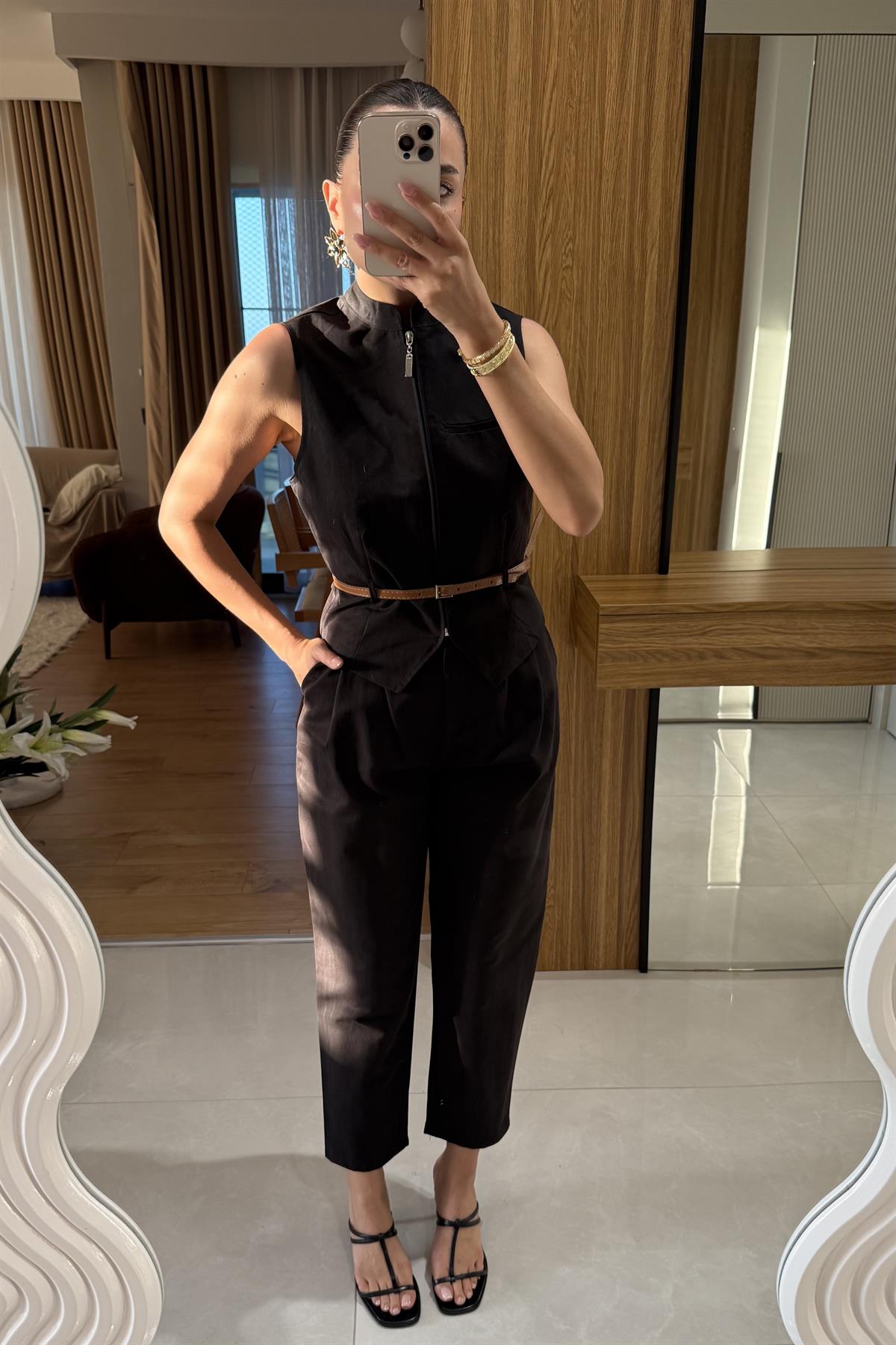 Bravelle Siyah Kemerli Yelek Pantolon Takım 