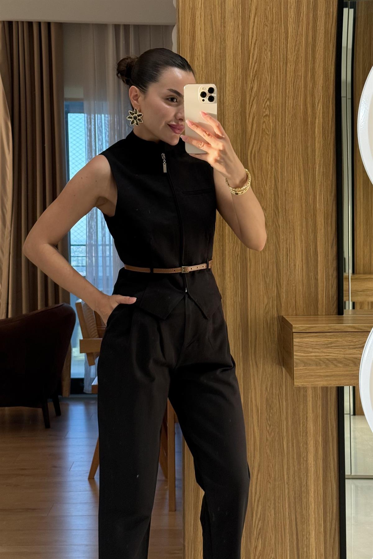 Bravelle Siyah Kemerli Yelek Pantolon Takım 