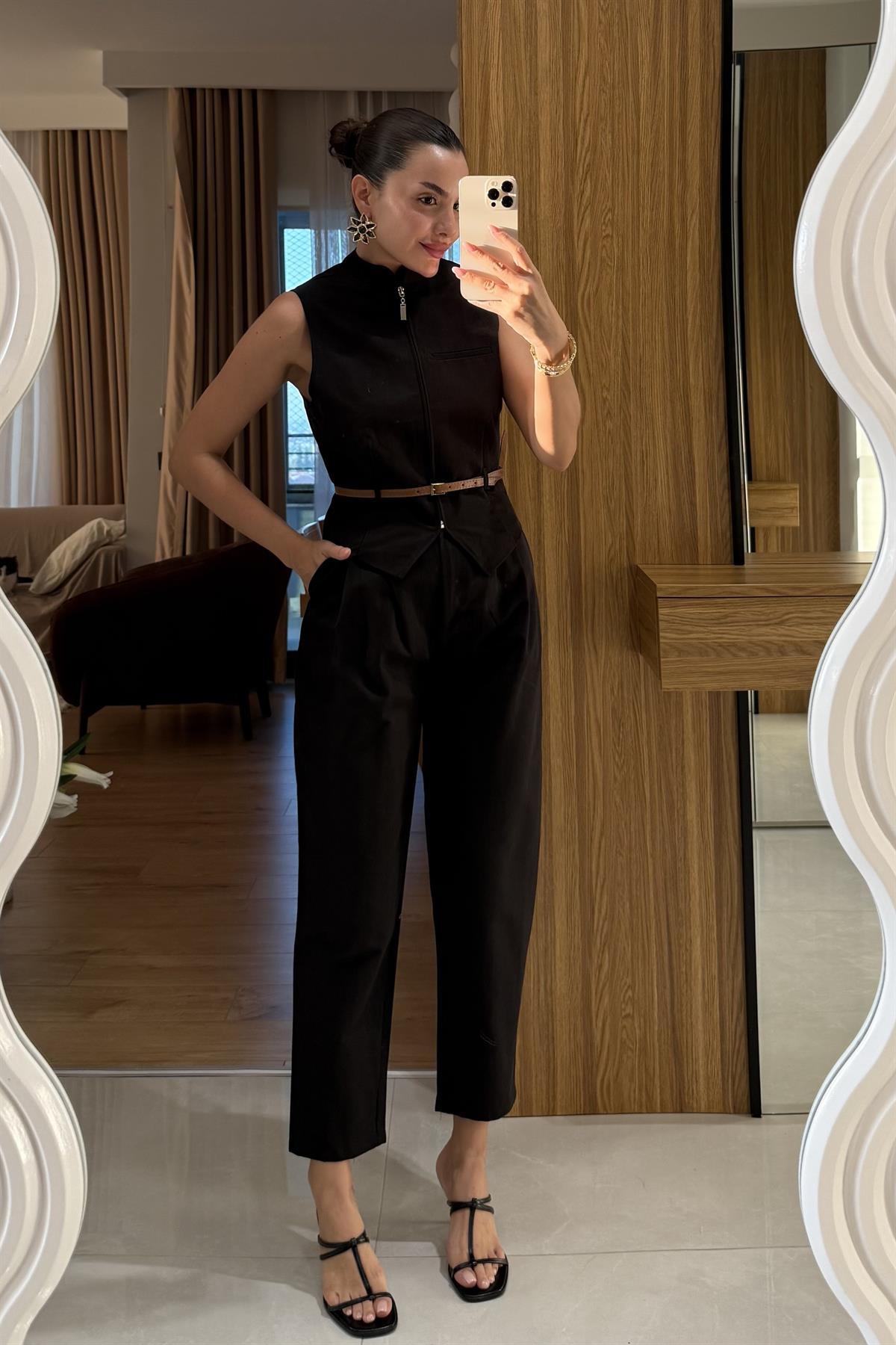 Bravelle Siyah Kemerli Yelek Pantolon Takım 