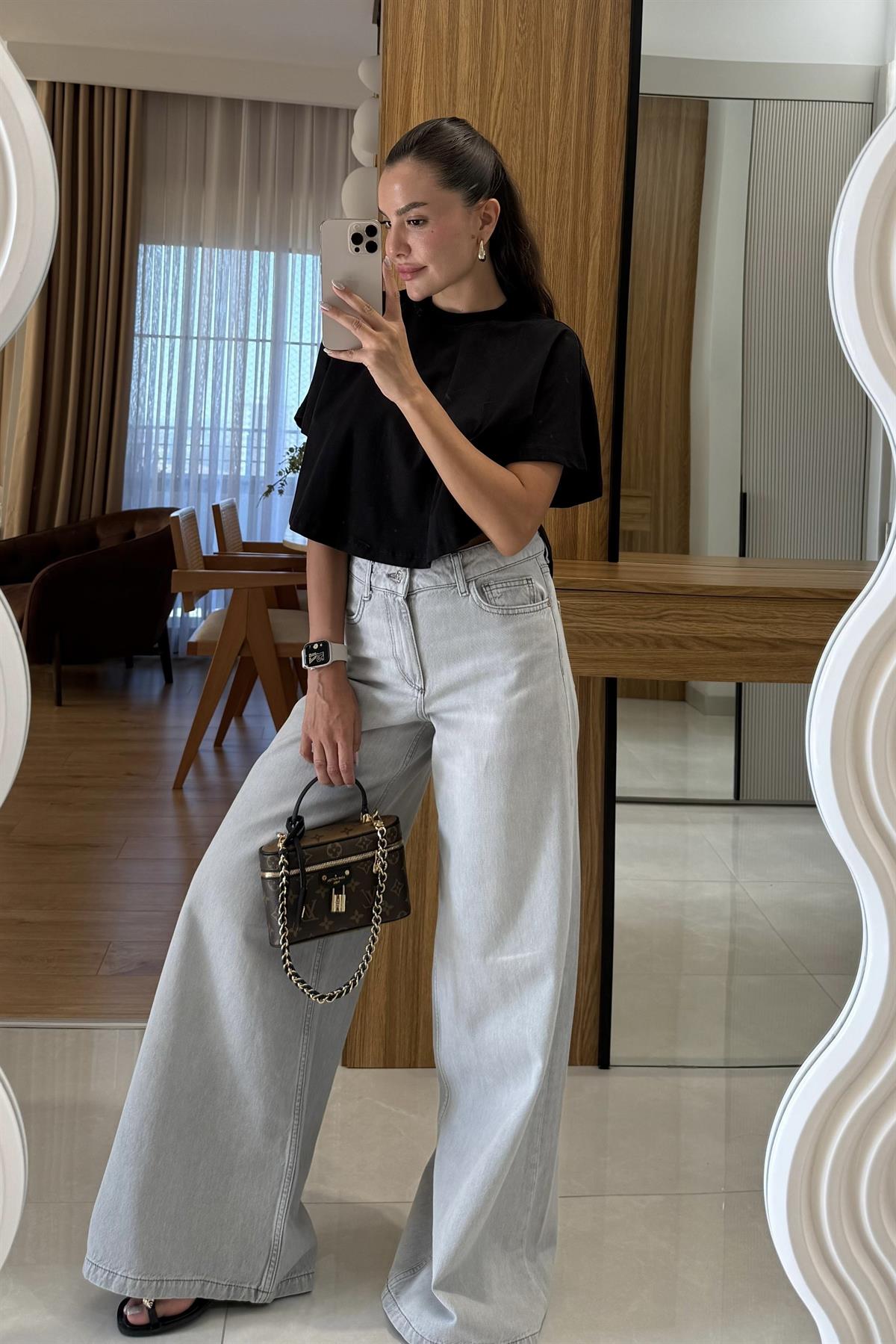 Brenda Gri Geniş Paça Jean