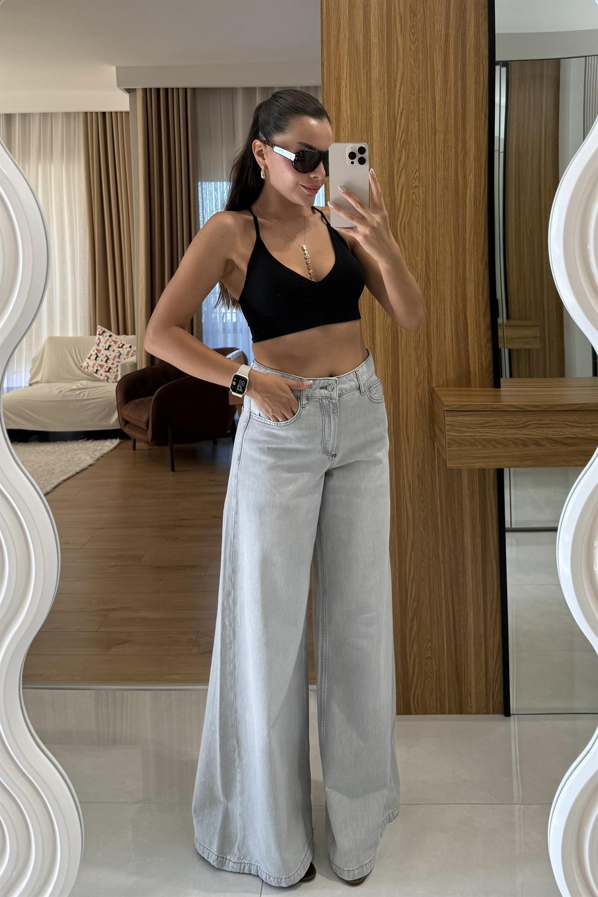 Brenda Gri Geniş Paça Jean