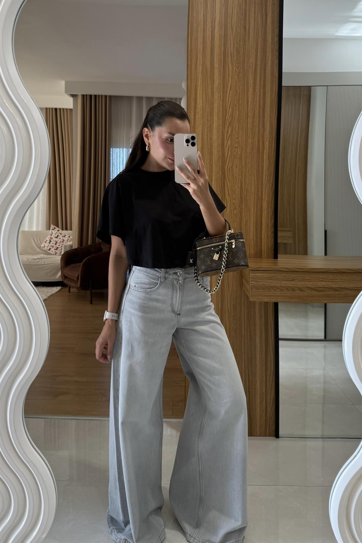 Brenda Gri Geniş Paça Jean