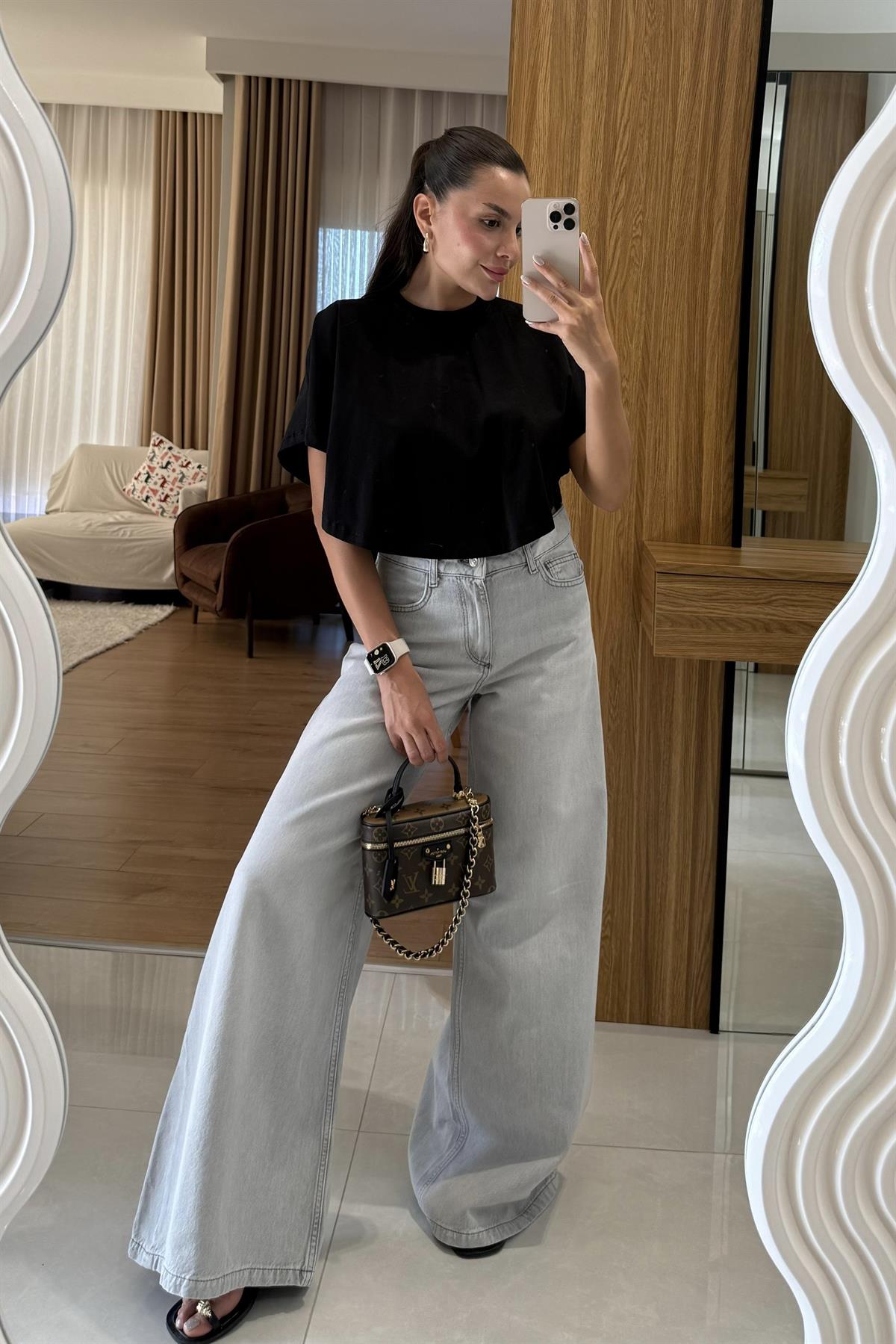 Brenda Gri Geniş Paça Jean