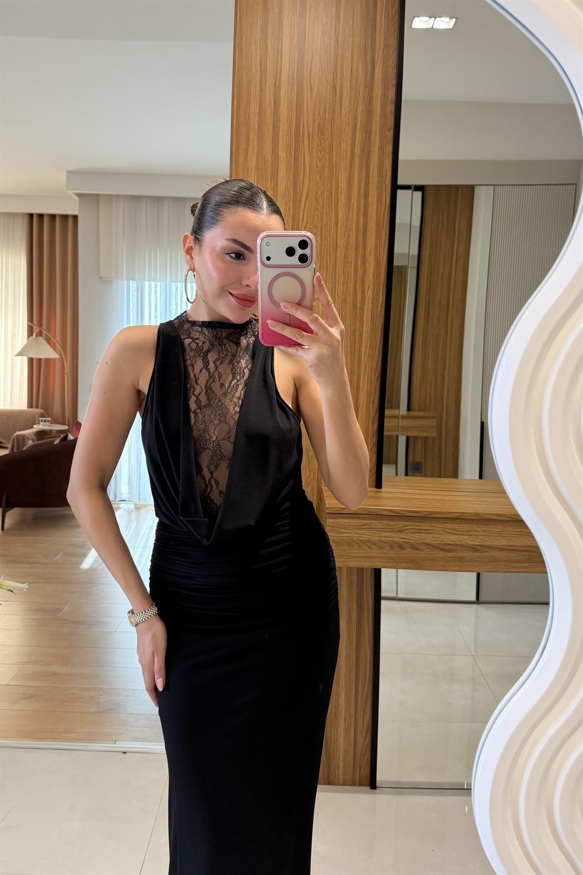 Brendan Siyah Sırt Dekolteli Dantel Elbise