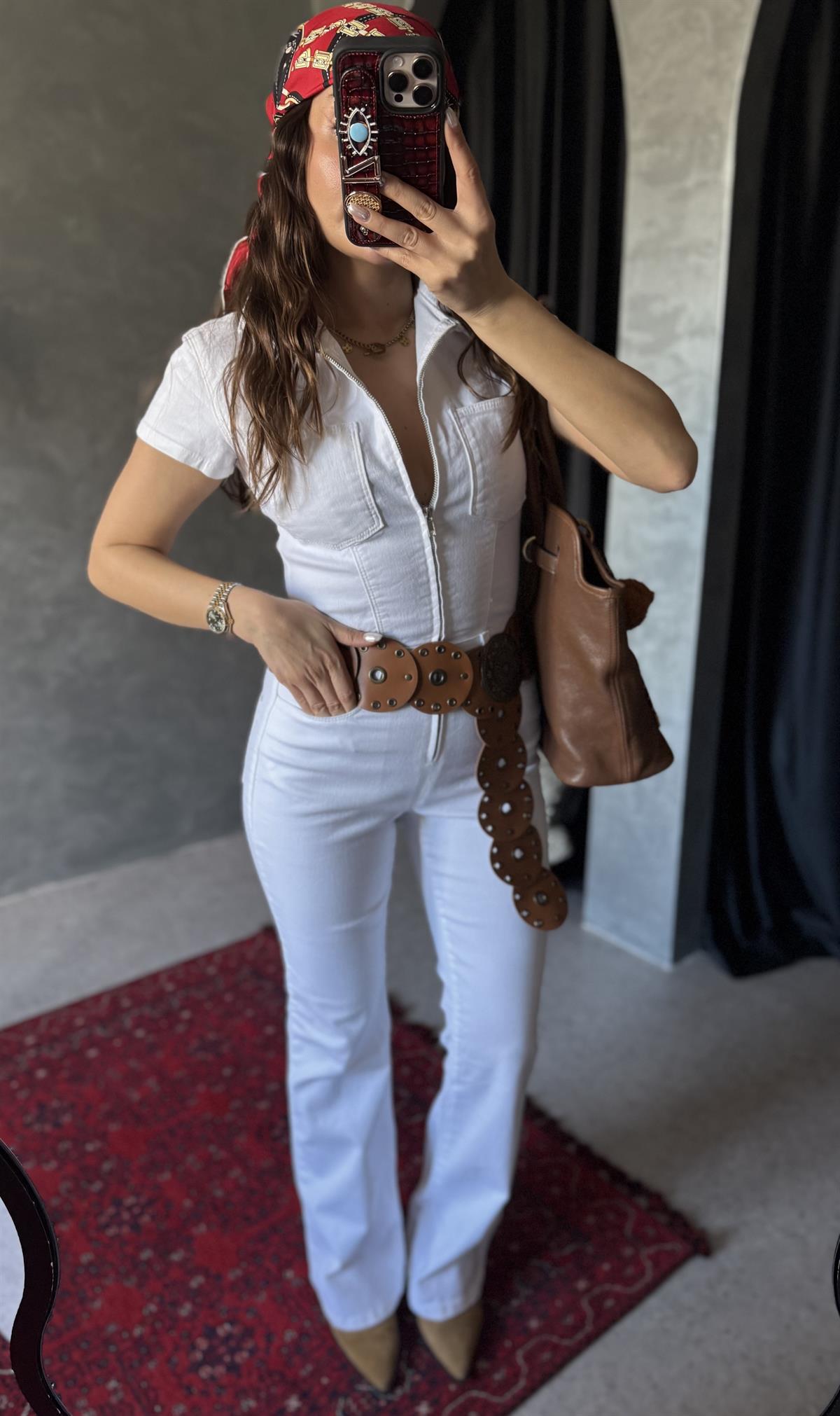 Brescia Beyaz Fermuarlı Gabardin Tulum 