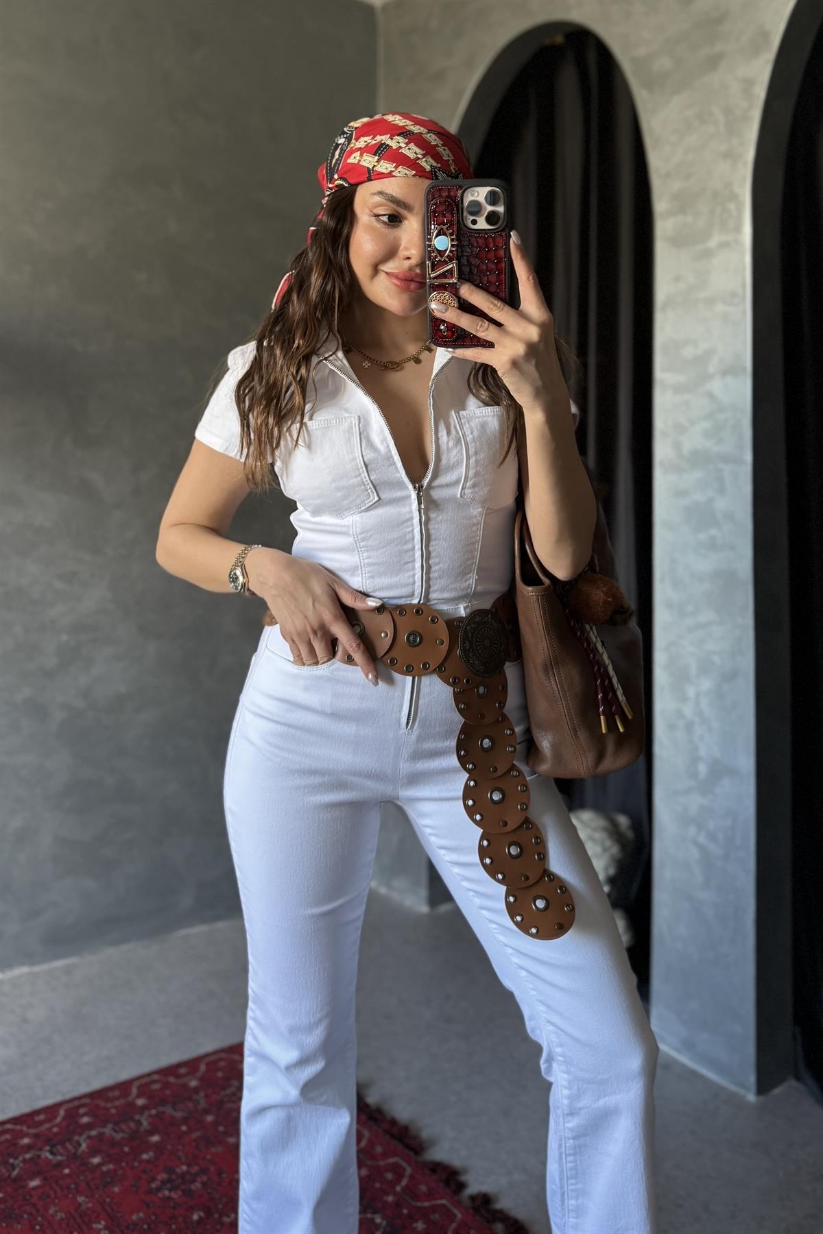 Brescia Beyaz Fermuarlı Gabardin Tulum 