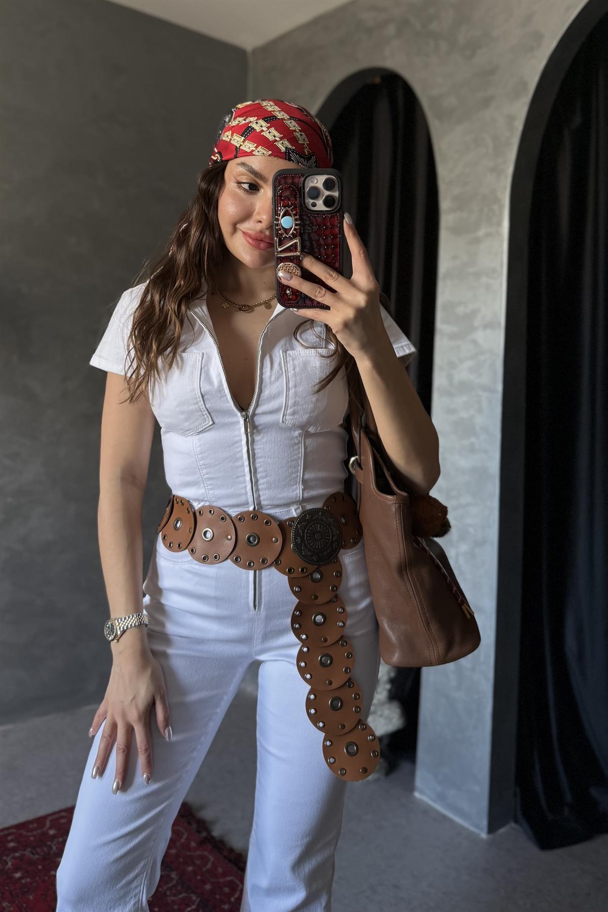 Brescia Beyaz Fermuarlı Gabardin Tulum 