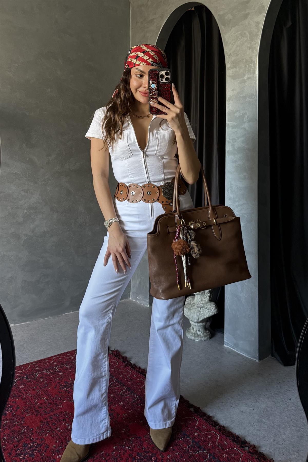 Brescia Beyaz Fermuarlı Gabardin Tulum 