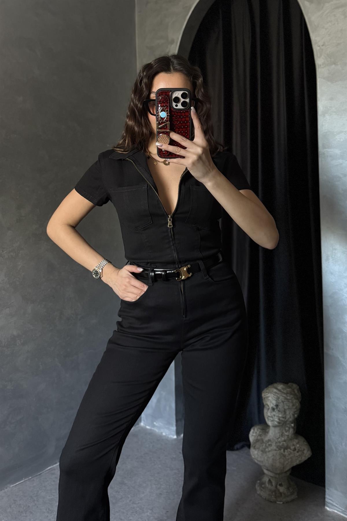 Brescia Siyah Fermuarlı Gabardin Tulum 