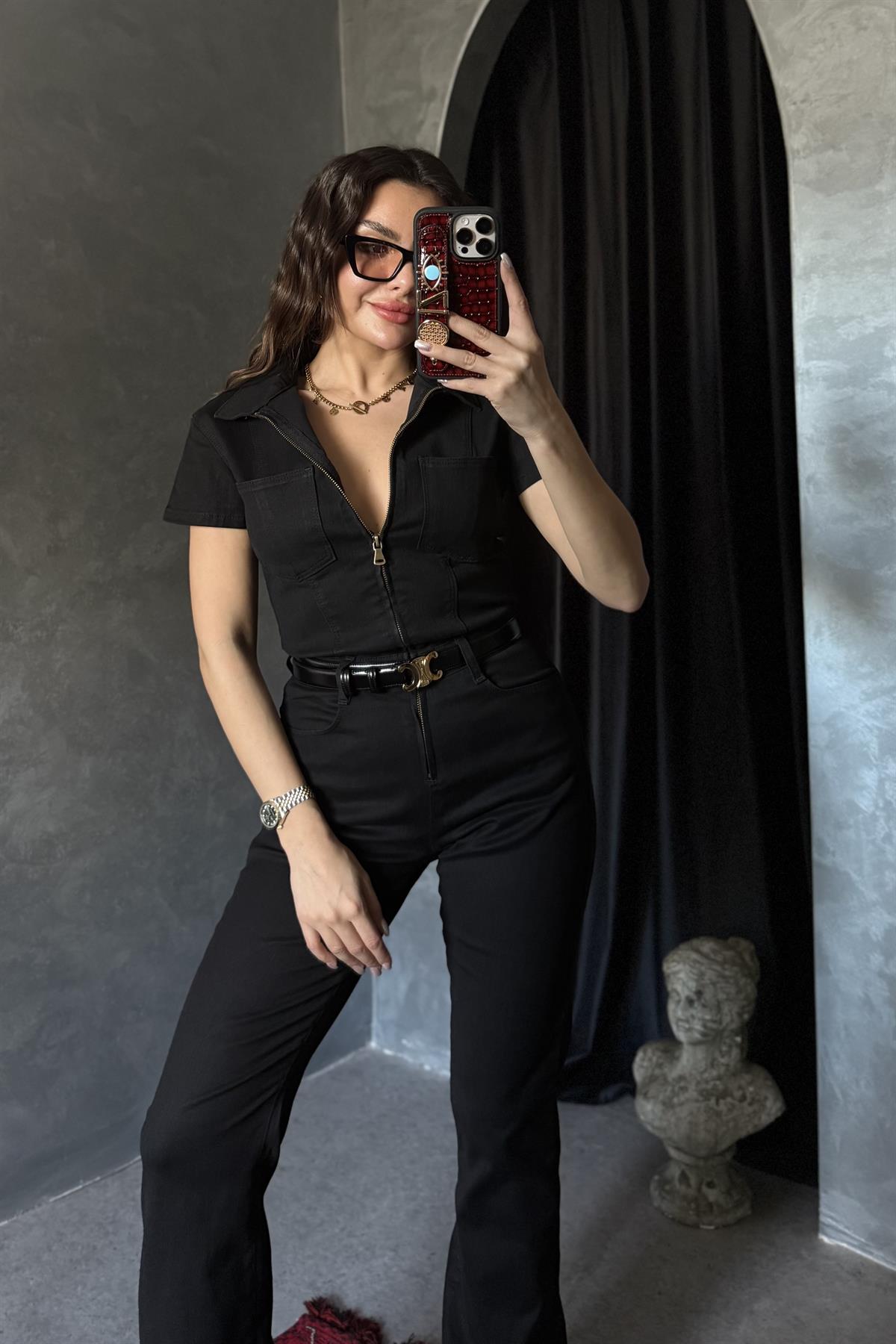 Brescia Siyah Fermuarlı Gabardin Tulum 