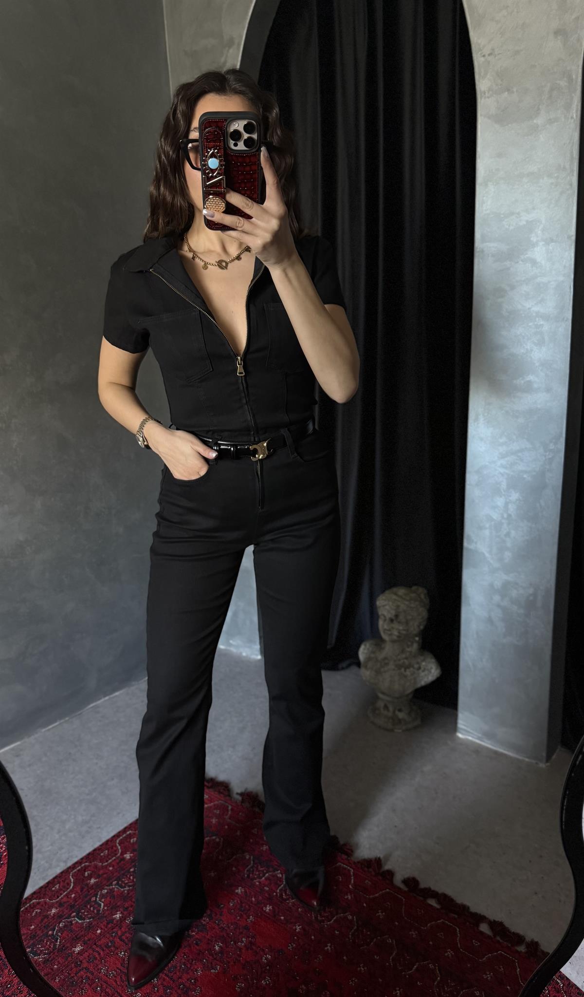 Brescia Siyah Fermuarlı Gabardin Tulum 