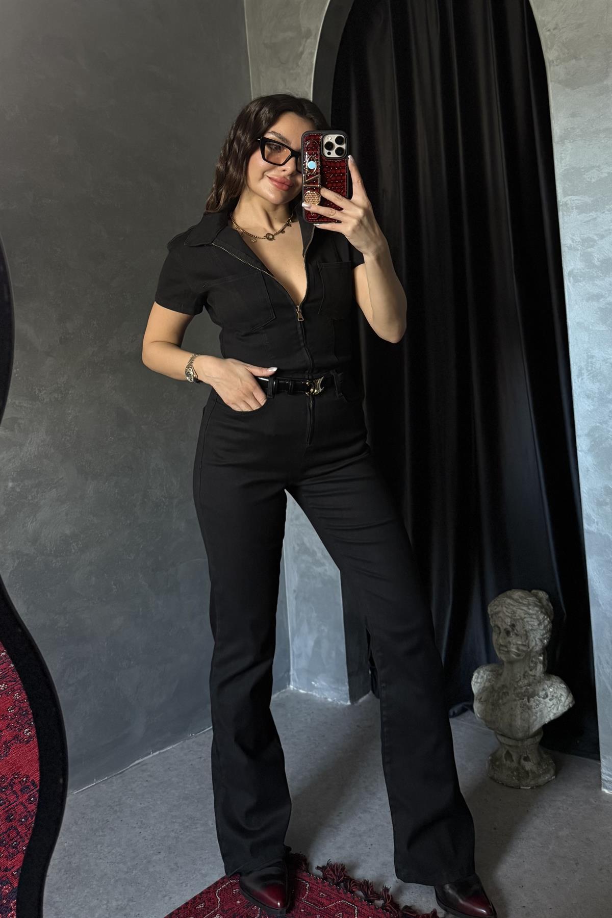 Brescia Siyah Fermuarlı Gabardin Tulum 