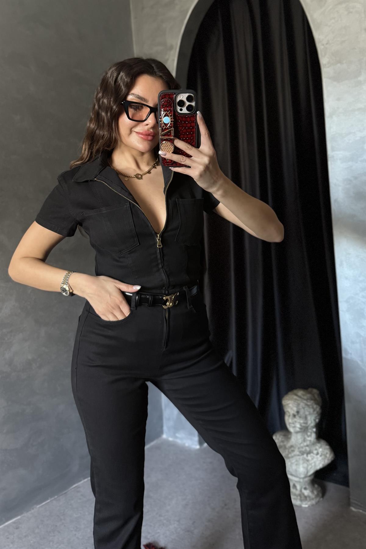 Brescia Siyah Fermuarlı Gabardin Tulum 