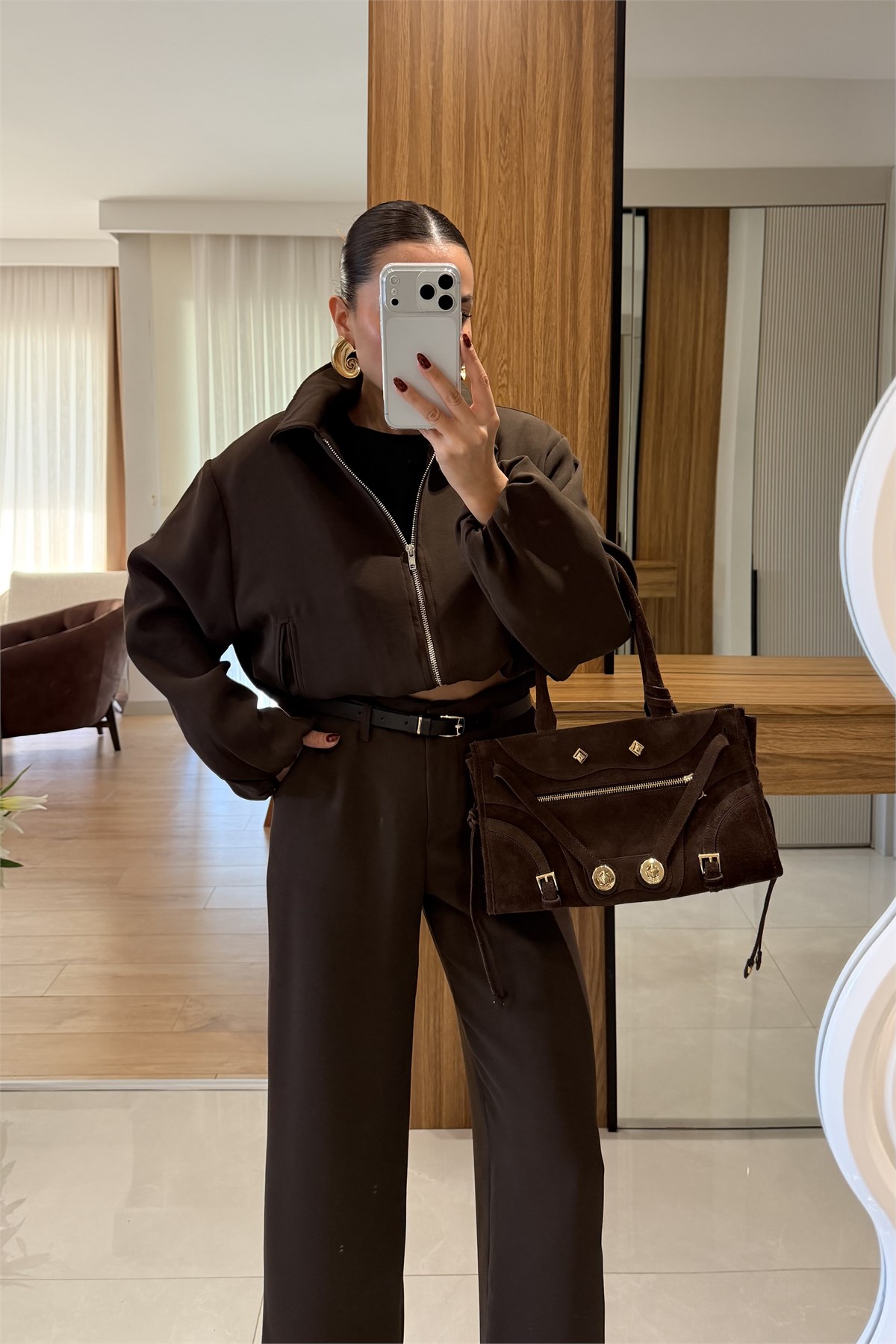 Brewa Kahve Kemerli Bomber Ceket Pantolon Takım
