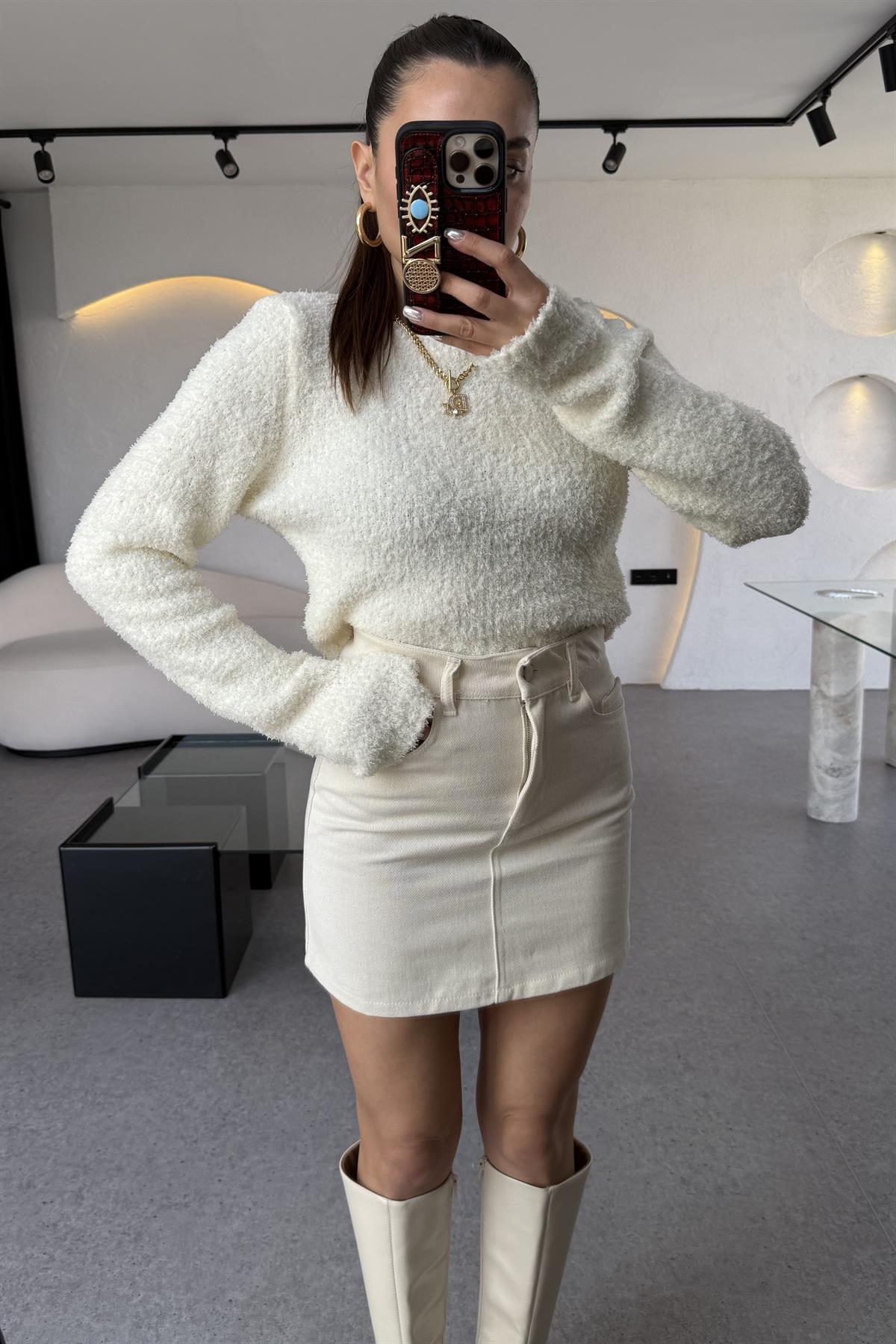 Brezze Ekru Gabardin Mini Etek 