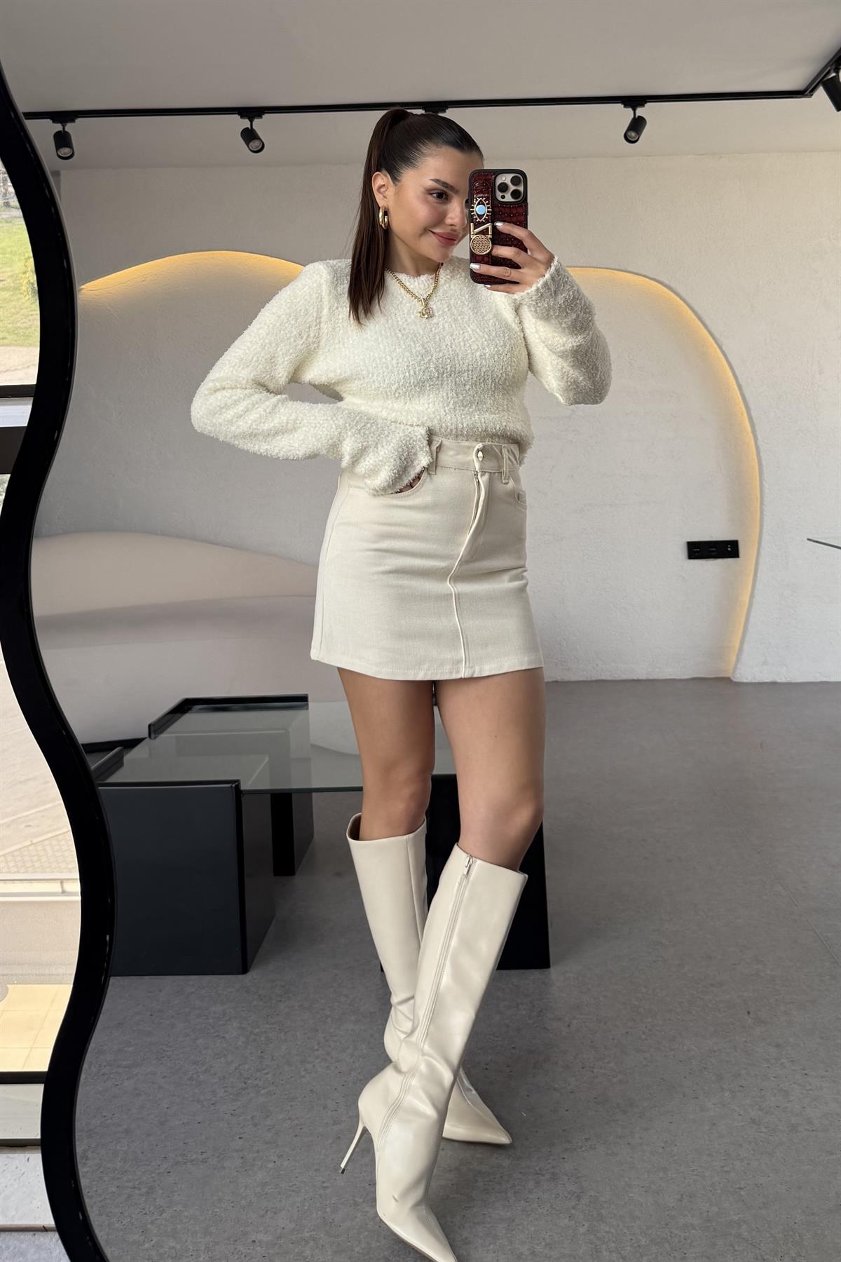 Brezze Ekru Gabardin Mini Etek 