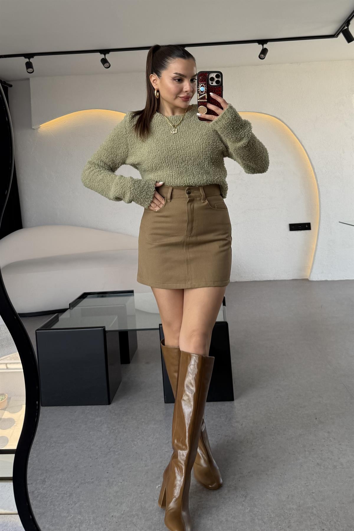 Brezze Kahve Gabardin Mini Etek 