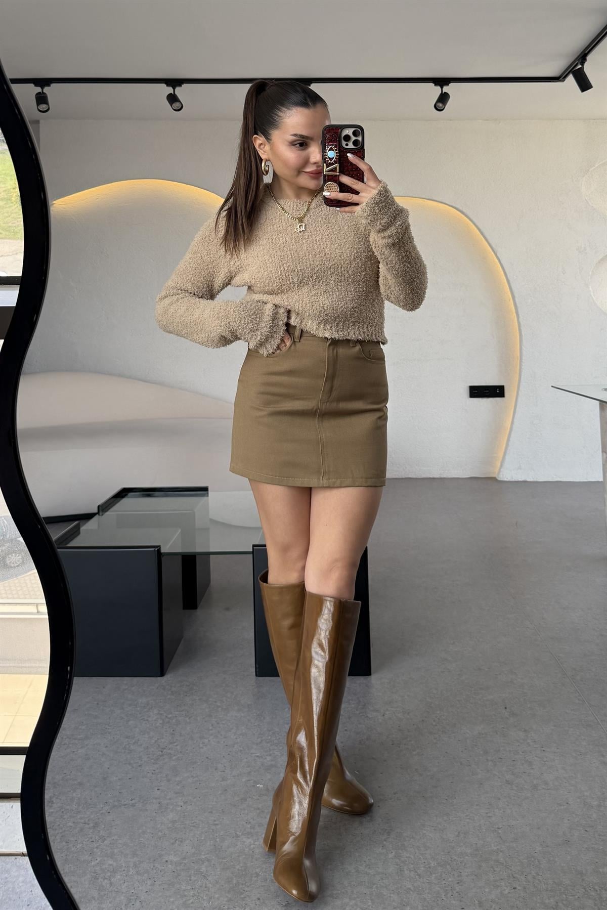 Brezze Kahve Gabardin Mini Etek 