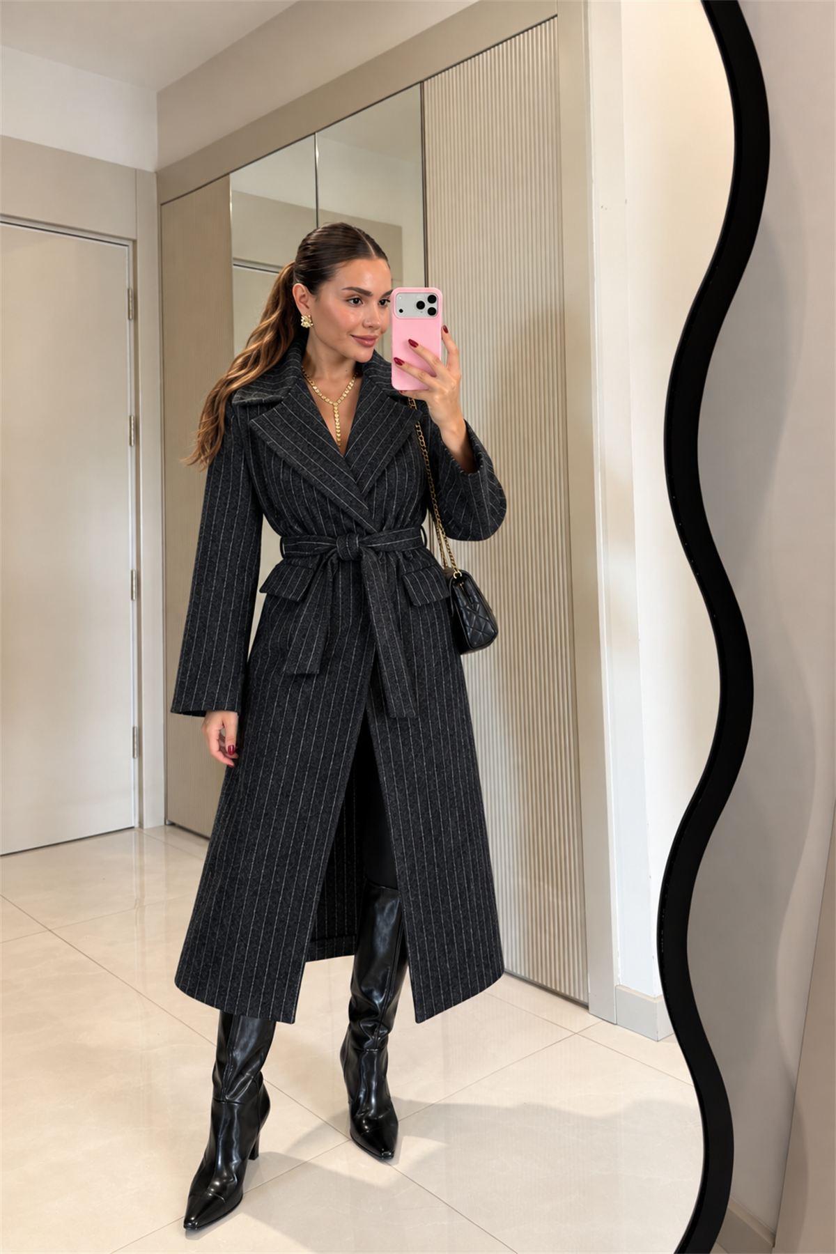 Brianne Antrasit Çizgili Kuşaklı Uzun Kaşe Kaban