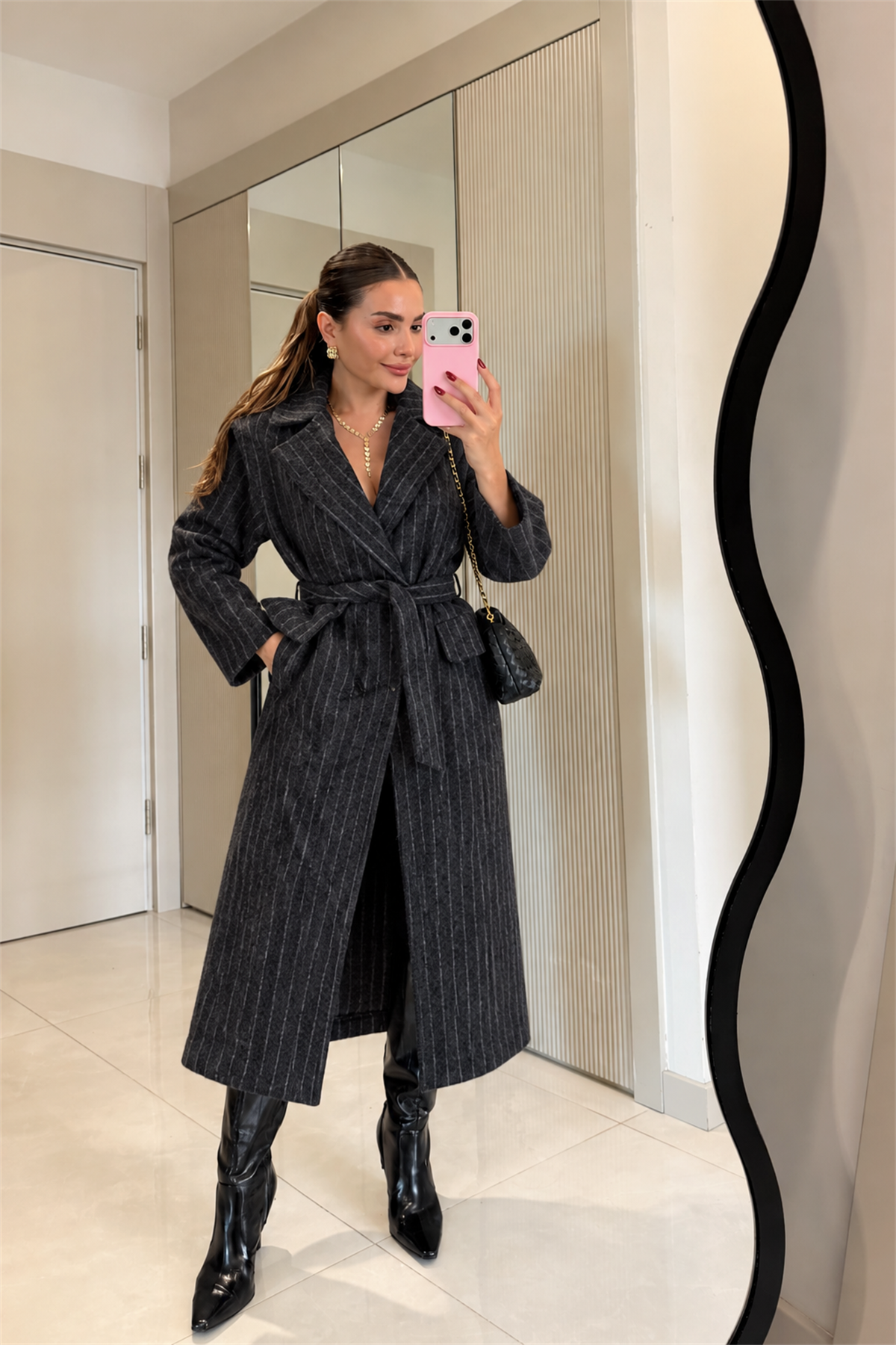 Brianne Antrasit Çizgili Kuşaklı Uzun Kaşe Kaban