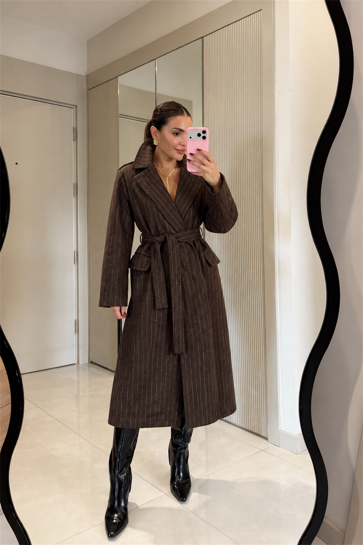 Brianne Kahve Çizgili Kuşaklı Uzun Kaşe Kaban