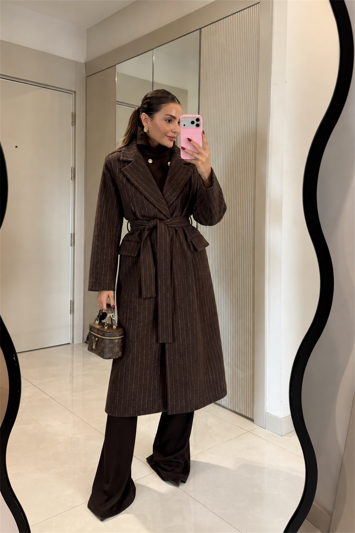 Brianne Kahve Çizgili Kuşaklı Uzun Kaşe Kaban