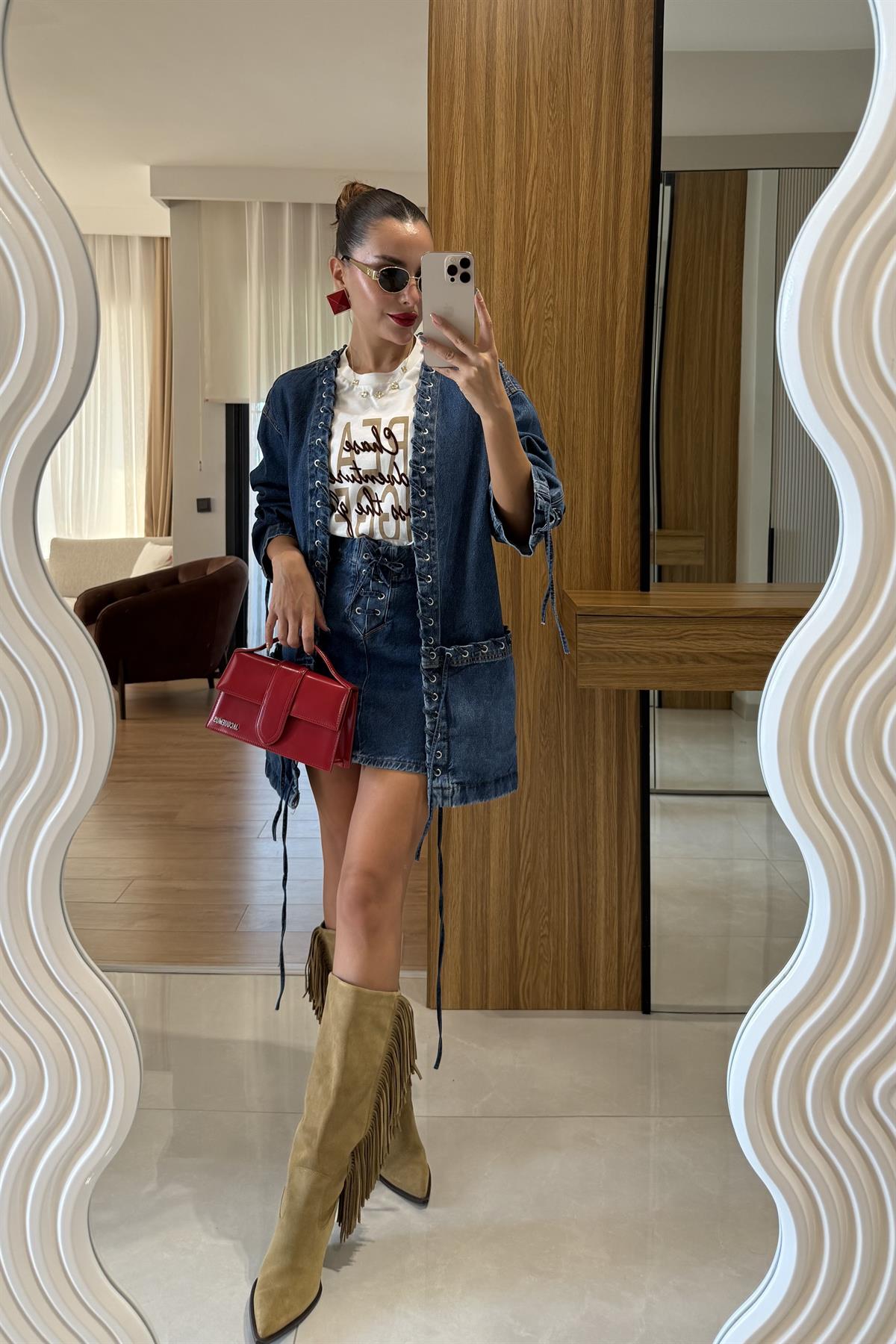 Brid Denim Kuşgözü Detaylı Ceket Etek Takım