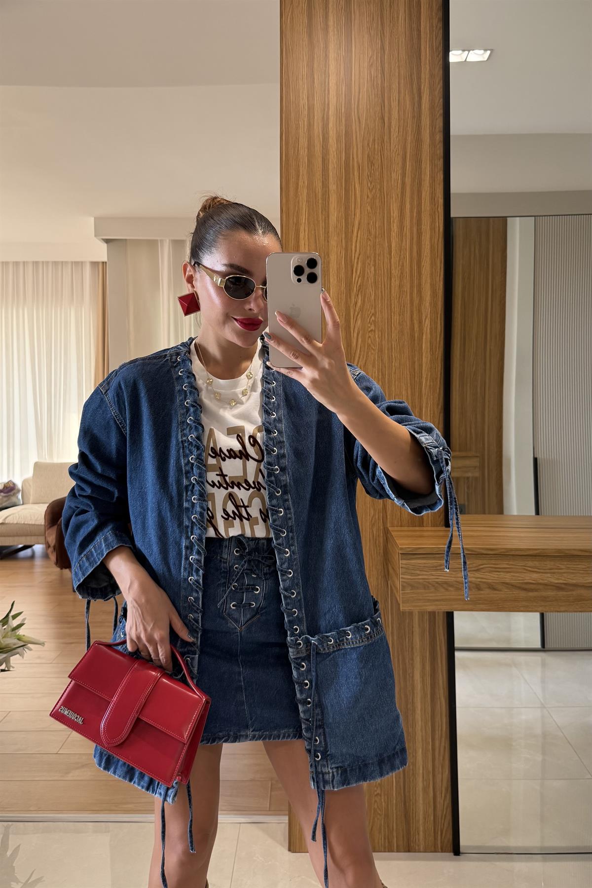 Brid Denim Kuşgözü Detaylı Ceket Etek Takım