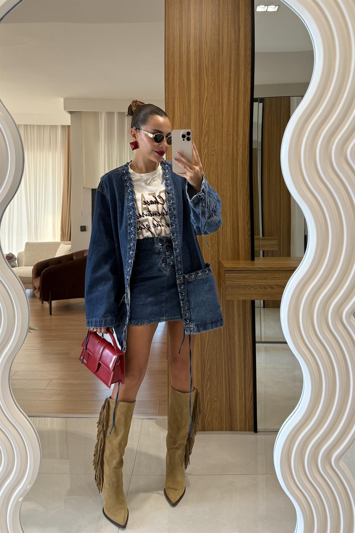 Brid Denim Kuşgözü Detaylı Ceket Etek Takım