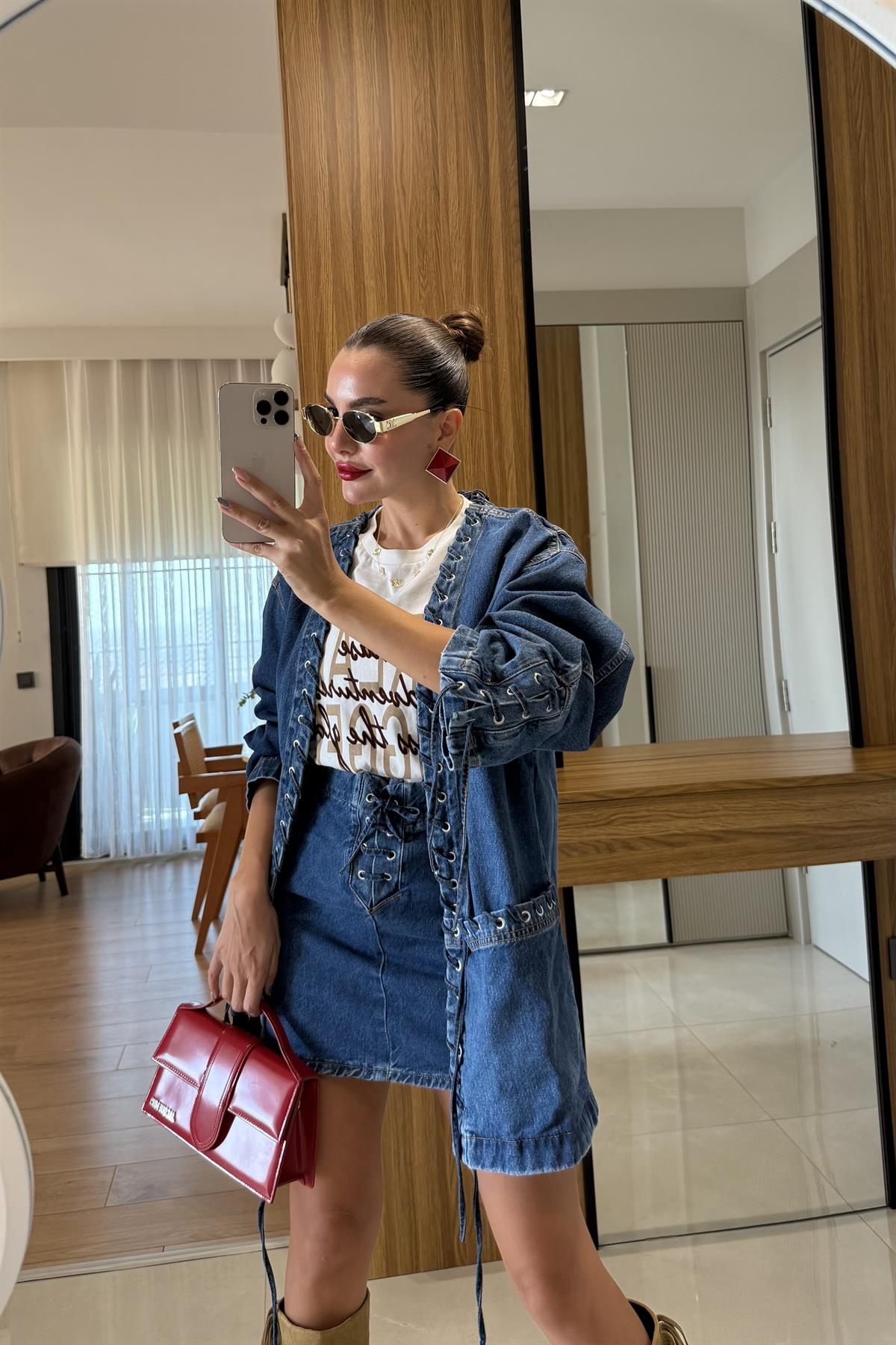 Brid Denim Kuşgözü Detaylı Ceket Etek Takım