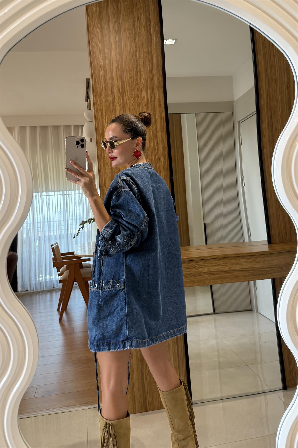 Brid Denim Kuşgözü Detaylı Ceket Etek Takım
