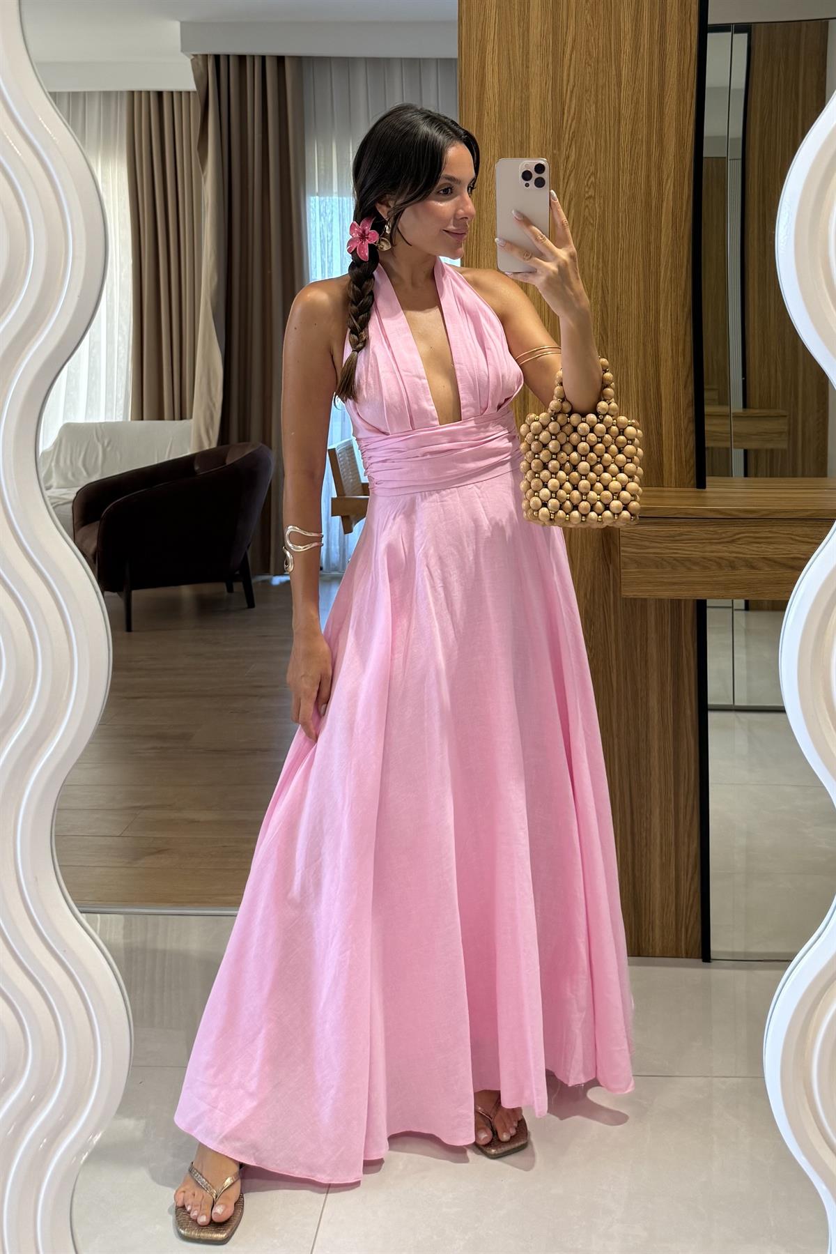 Briella Pembe Boyundan Bağlamalı Keten Elbise 