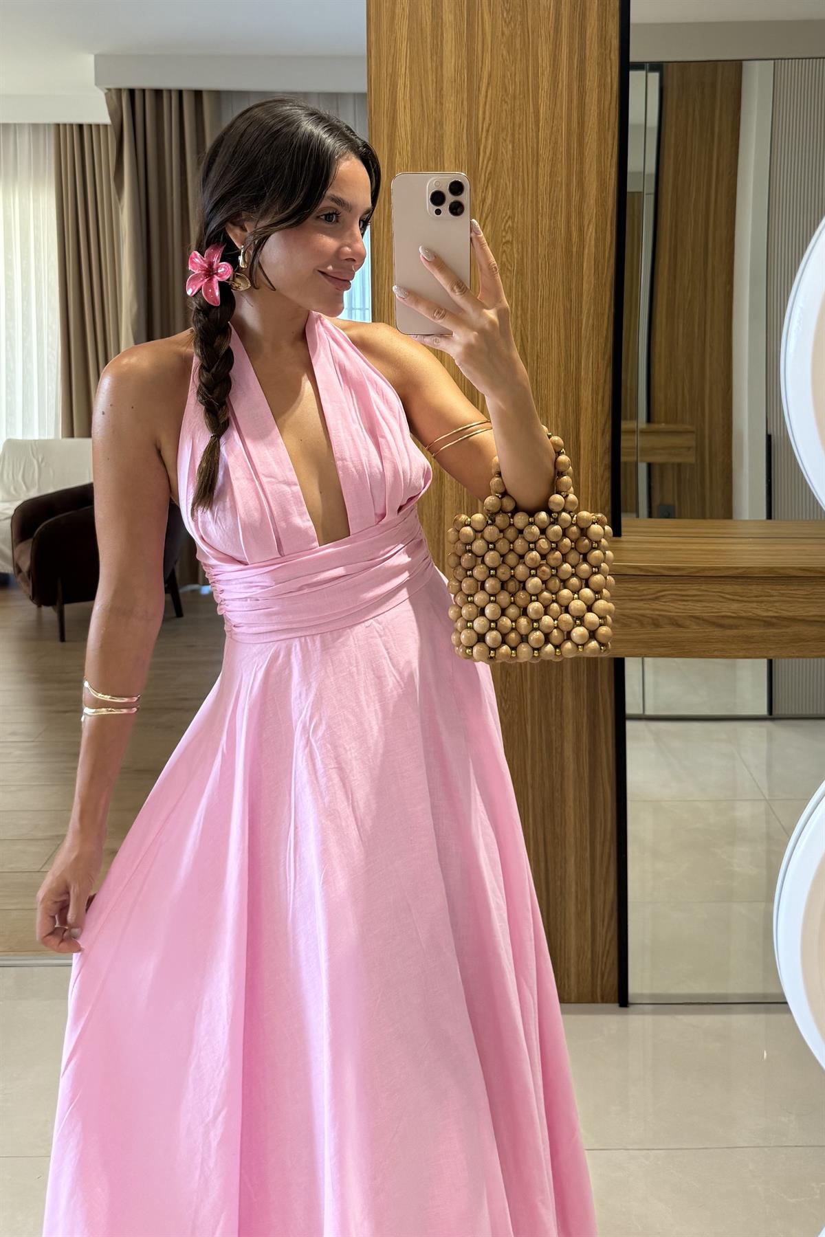 Briella Pembe Boyundan Bağlamalı Keten Elbise 