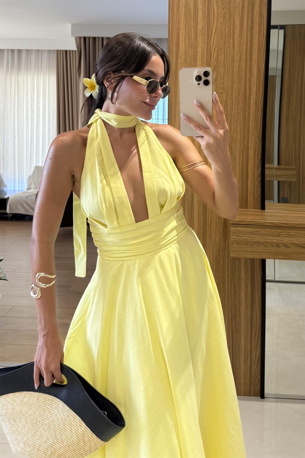 Briella Sarı Boyundan Bağlamalı Keten Elbise 