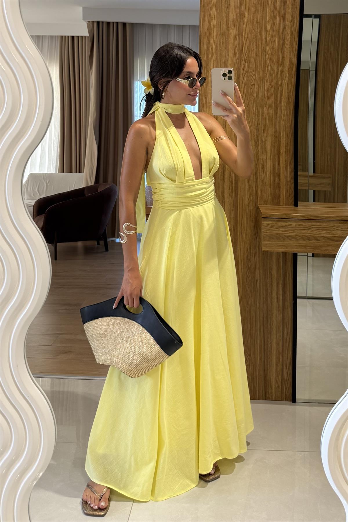 Briella Sarı Boyundan Bağlamalı Keten Elbise 