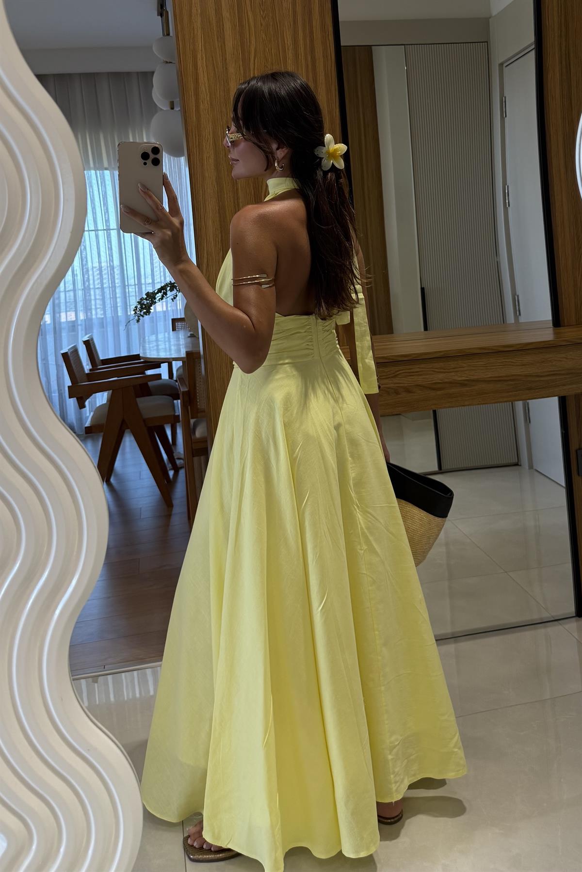 Briella Sarı Boyundan Bağlamalı Keten Elbise 