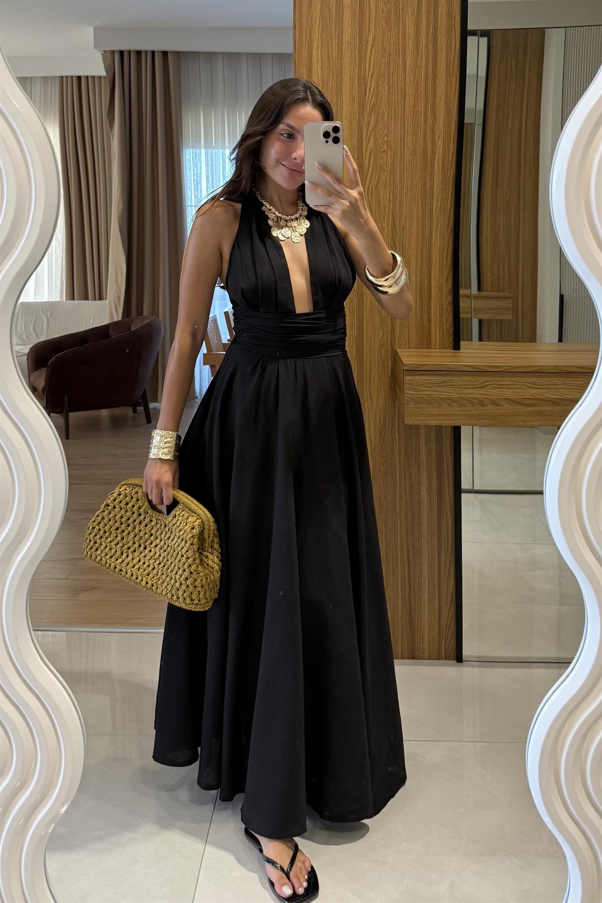 Briella Siyah Boyundan Bağlamalı Keten Elbise 