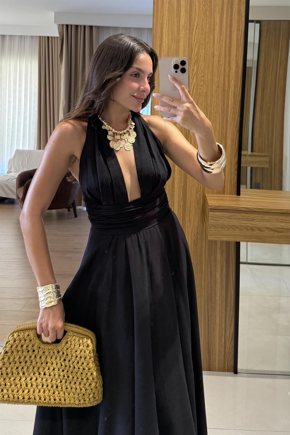 Briella Siyah Boyundan Bağlamalı Keten Elbise 