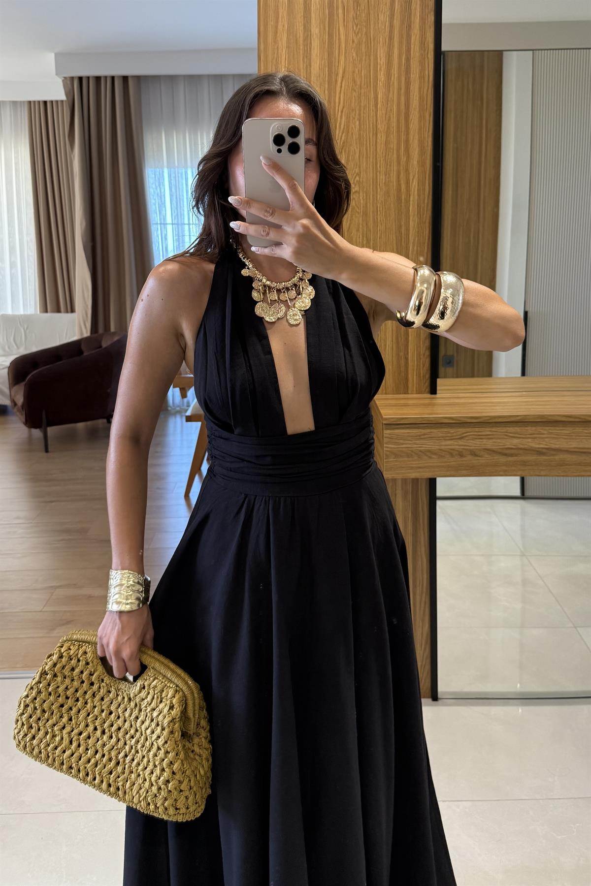 Briella Siyah Boyundan Bağlamalı Keten Elbise 