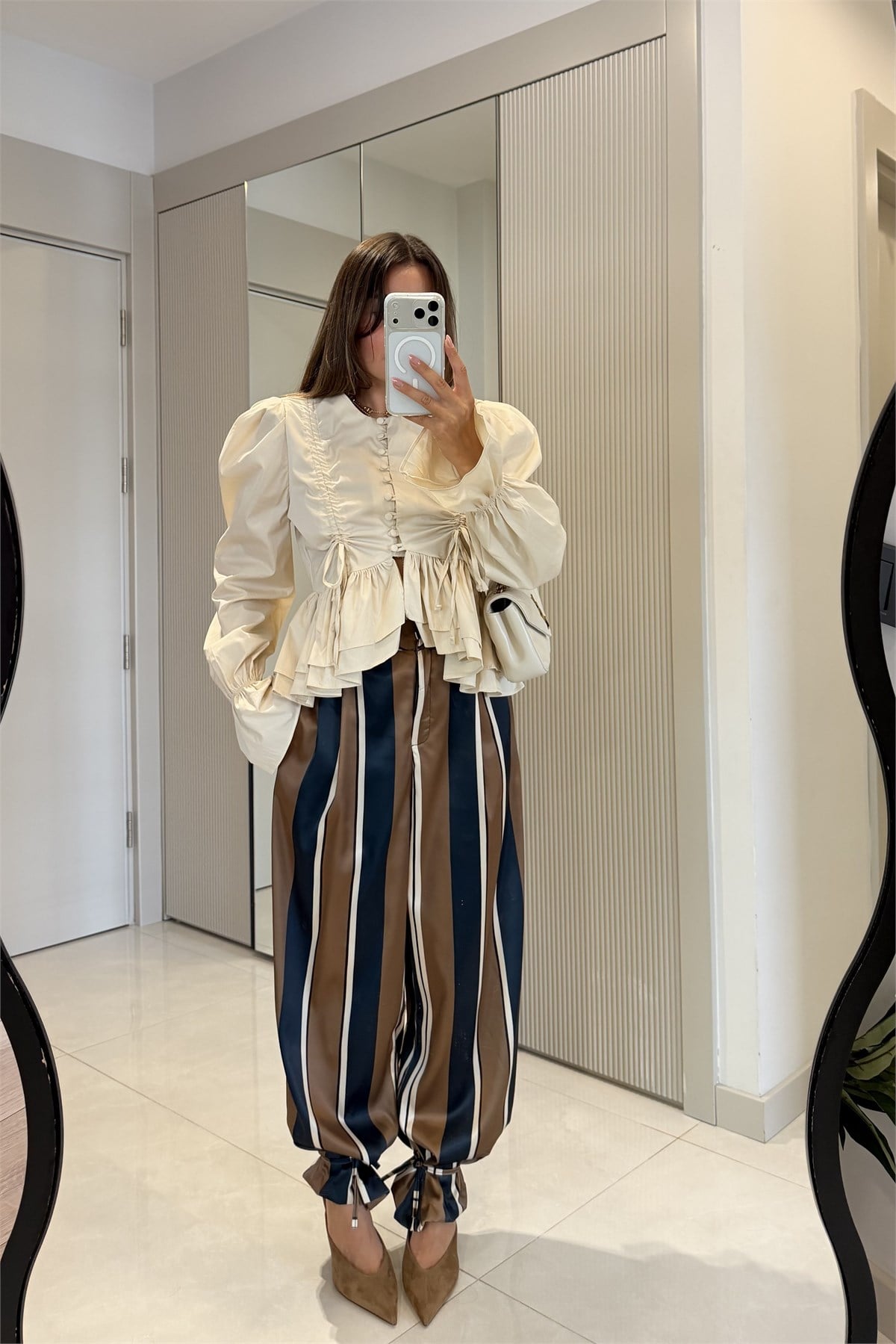 Bright Çizgili Paçası Lastikli Pantolon