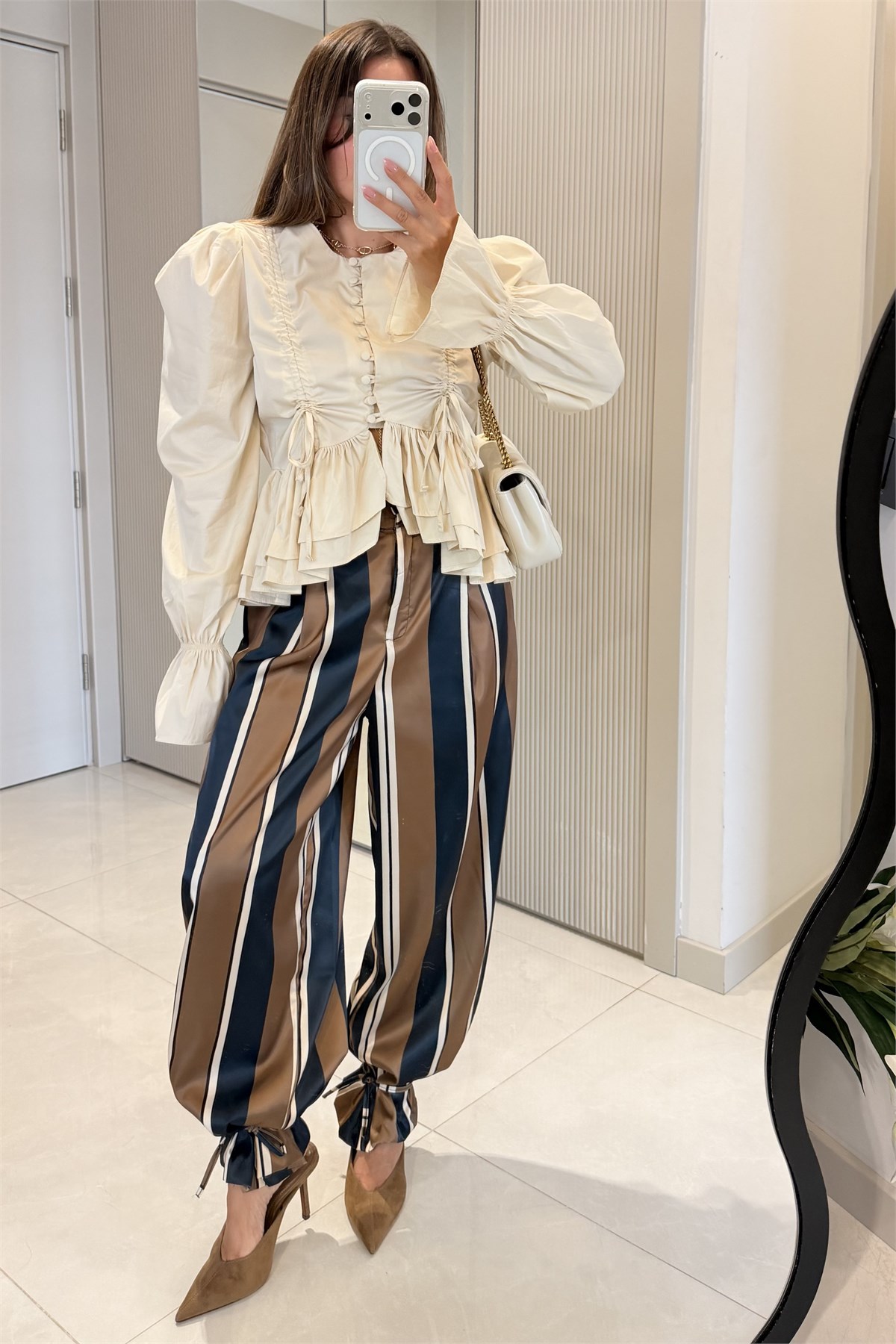 Bright Çizgili Paçası Lastikli Pantolon