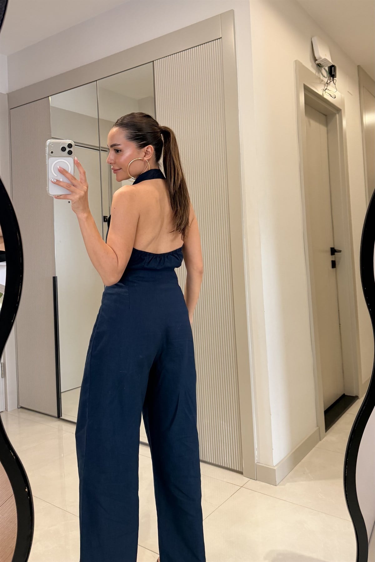 Briliant Lacivert Aksesuarlı Ham Keten Takım